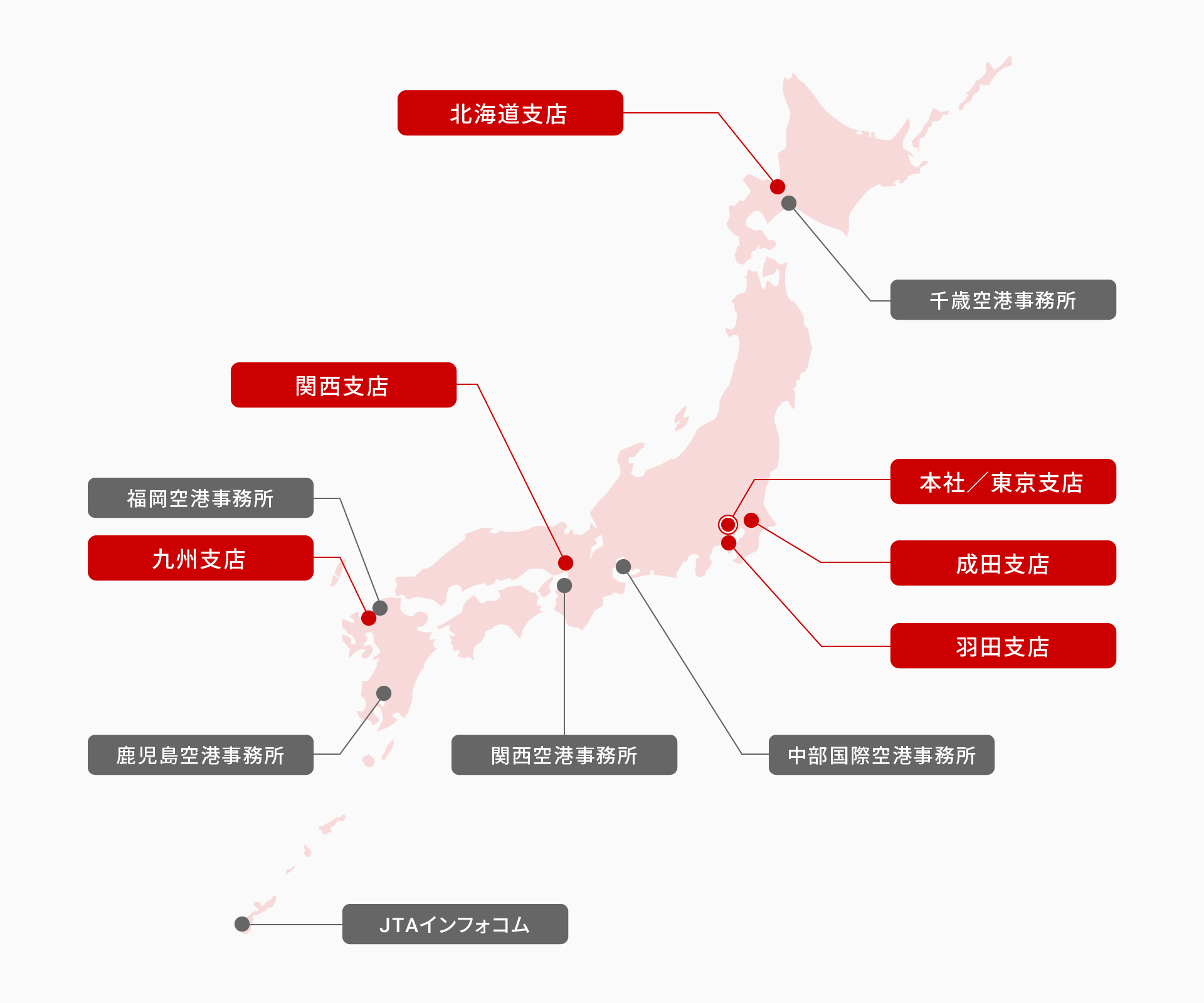 事業所一覧の場所を表記した日本地図